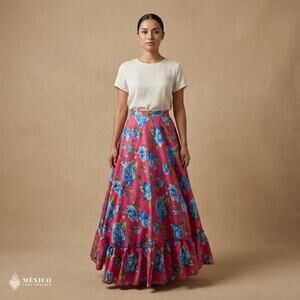 Pink Mexican Floral Skirt – Traditional Folkloric Adjustable Waist Skirt